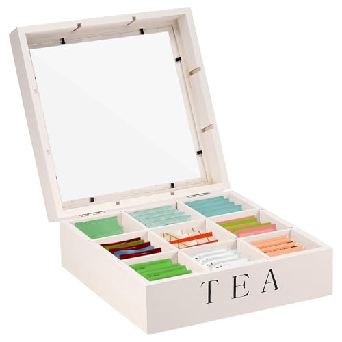 VAVPUP Teebox aus Holz,Teebeutelhalter mit transparentem Deckel 9 Fächer, praktischer Tee-Organizer,Wiederverwendbare Teebeutel Box mit großem Fassungsvermögen für Zuhause und Büro(weiß) von VAVPUP