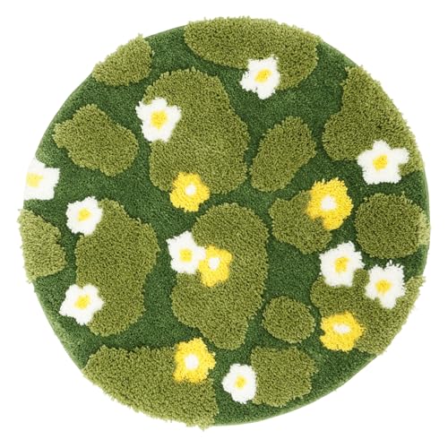 VAVPUP Tufted Moos Badezimmerteppich,Saugfähig Frühlings Gänseblümchen Blumenmuster,Mikrofaser Niedliche rutschfeste Badematte,für Badezimmer, Wohnzimmer, Schlafzimmer,Maschinenwaschbar(grün,80 cm) von VAVPUP