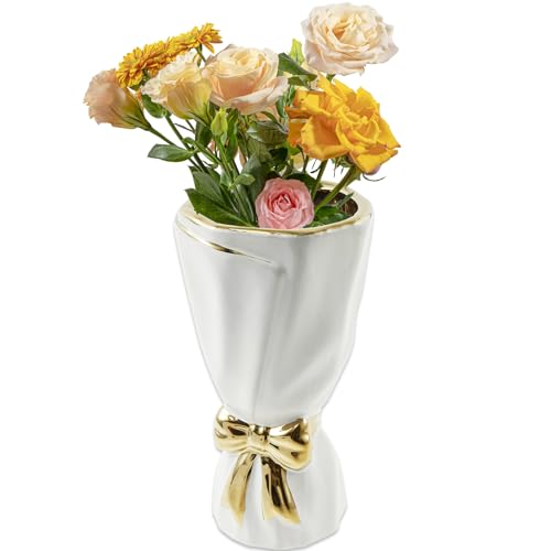 VAVPUP Vase Keramik mit Schleife,Hübsche Blumenvase,Dekorativer Blumenbehälter,Multifunktionale Dekoration für Badezimmer, Schlafzimmer Arbeitszimmer und Wohnzimmer(weiß) von VAVPUP