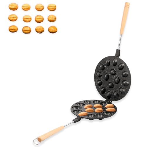 VAVPUP Walnuss Keksform mit Holzgriff,16 Löcher Aluminiumlegierung Walnuss Keksform,Vielseitige Walnuss Keksform，antihaftbeschichtete Oreshki Form Effiziente Gebäck Nuss Keksform (Schwarz) von VAVPUP