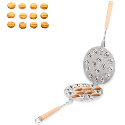 VAVPUP Walnuss Keksform mit Holzgriff,16 Löcher Aluminiumlegierung Walnuss Keksform,Vielseitige Walnuss Keksform，antihaftbeschichtete Oreshki Form Effiziente Gebäck Nuss Keksform (Weiß) von VAVPUP