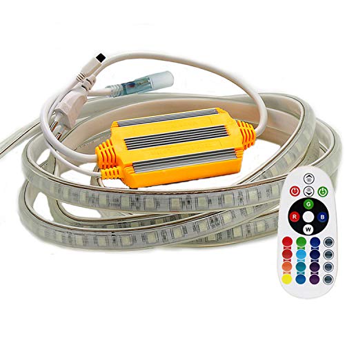 FOLGEMIR 2m RGB LED Strip, 220V dimmbar Streifen, 5050 Farbwechsel Lichtleiste, 60 LEDs/m Led Band, wasserdichte Lichtschlauch mit Trafo & 24-Tasten IR Fernbedienung von FOLGEMIR