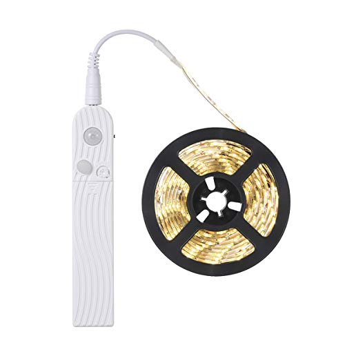 FOLGEMIR 3m LED Band mit Bewegungsmelder, Batterie betriebene Nachtlicht mit PIR-Sensor, wasserdichte Schrank Beleuchtung, Lichterkette selbstklebend (3000K Warmweiß, 3 Meter) von FOLGEMIR