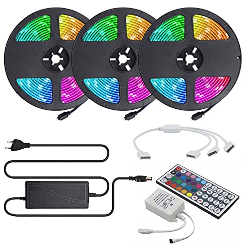 FOLGEMIR LED Streifen 15M (3x 5M), RGB LED Strip 5050 SMD 450 (3x 150) LED Band, LED Lichtband Wasserfest mit 44 Tasten Fernbedienung 12V Netzteil für Haus, Raum, Party, Hochzeit, Dekoration von FOLGEMIR