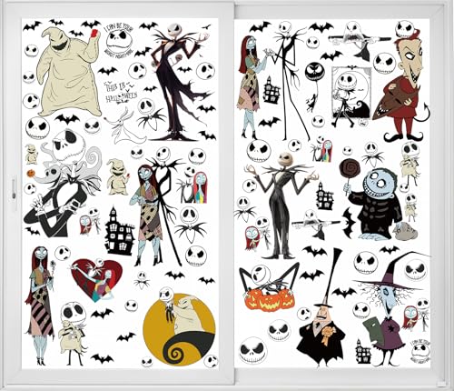 12 Blätte große Halloween Fensterbilder Nightmare Before Christmas Halloween Selbstklebend Fensterdeko Wiederverwendbar PVC Halloween Fensterdeko fenstersticker Halloween für Fenster Halloweensdeko von VAWcornic
