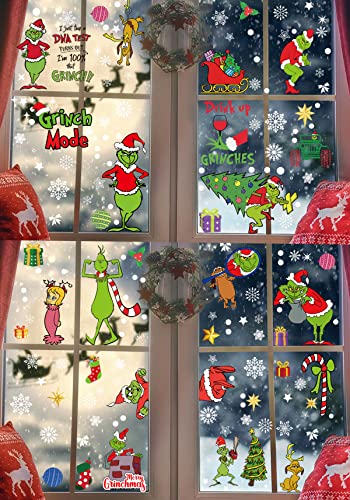 12 Blätter 217 Stück große Grinch Fensterbilder Weihnachten Selbstklebend Fensterdeko Wiederverwendbar PVC Grinch Fensterdeko fenstersticker Weihnachten mit Häuser für Winter Fenster Weihnachtsdeko von VAWcornic