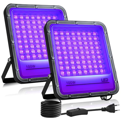 VAYALT 2 Stück 100W LED Schwarzlicht Strahler, LED UV Strahler Party Outdoor 395nm, IP65 Wasserdicht Schwarzlichtlampe mit Stecker, UV Licht für Disco, Glow Party, Party Zubehör, Halloween Deko von VAYALT