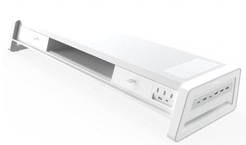 VAYDEER Monitorständer 2 Monitore Bildschirm Stand [Multi-USB] [Handy-Ständer] [Schublade] [Kabel Organizer] [4 LED Modi] Schreibtisch Erhöhung Zubehör Tischaufsatz für Laptop Computer 50kg (Weiß) von VAYDEER