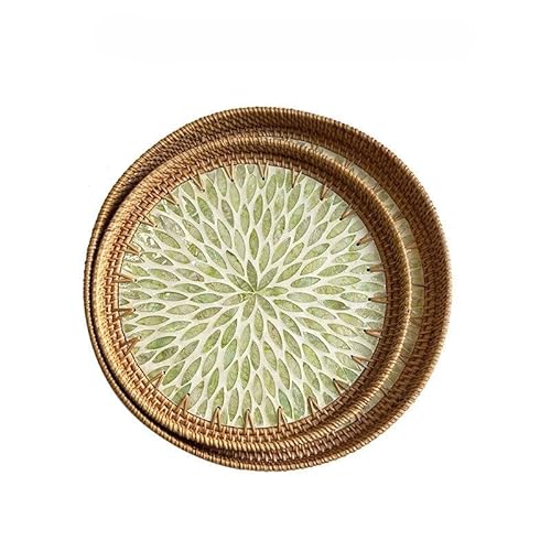 VAYEODEYU Tablett, Handgemachtes rundes Rattan-Serviertablett, Bunte Muscheltabletts, Obsttabletts, Korbtablett(2 Pieces) von VAYEODEYU