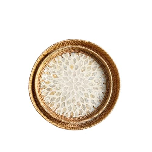 VAYEODEYU Tablett, Rundes Rattantablett mit Perlmutt-Inlay, dekoratives Aufbewahrungstablett, Korb-Obsttabletts(2 Pieces) von VAYEODEYU