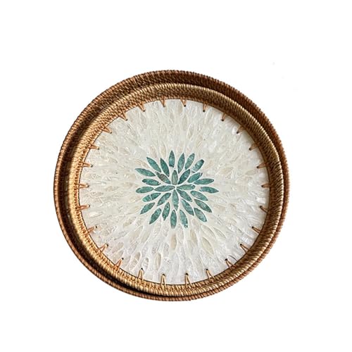 VAYEODEYU Tablett, Rundes Rattantablett mit Perlmutt-Inlay, dekoratives rundes Rattan-Serviertablett(2 Pieces) von VAYEODEYU