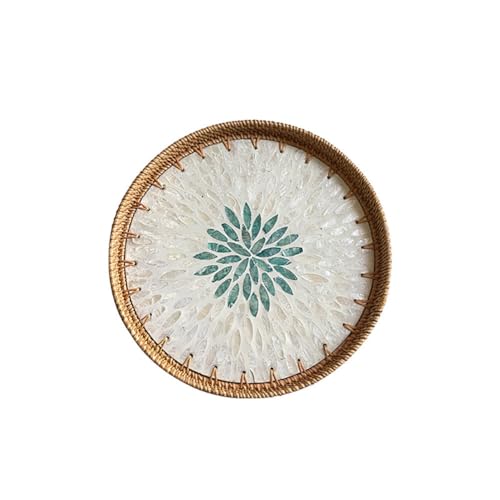 VAYEODEYU Tablett, Rundes Rattantablett mit Perlmutt-Inlay, dekoratives rundes Rattan-Serviertablett(30cm) von VAYEODEYU