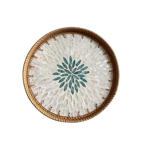 VAYEODEYU Tablett, Rundes Rattantablett mit Perlmutt-Inlay, dekoratives rundes Rattan-Serviertablett(35cm) von VAYEODEYU