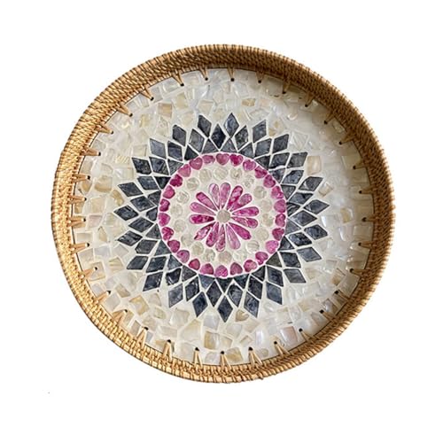 VAYEODEYU Tablett, Rundes Rattantablett mit Perlmutt-Inlay, rundes gewebtes Rattan-Serviertablett(35cm) von VAYEODEYU