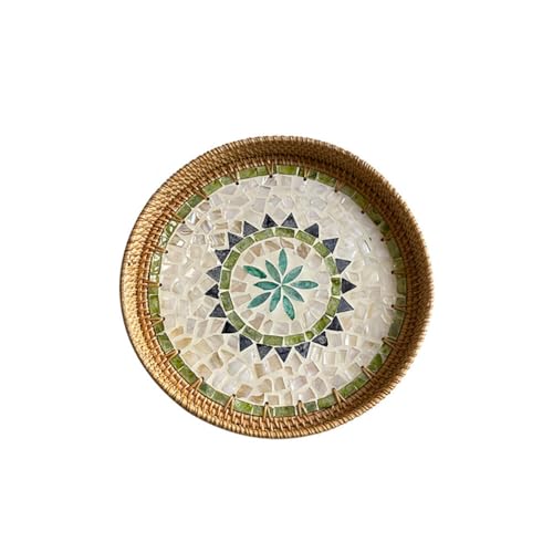 VAYEODEYU Tablett, Rundes Serviertablett aus gewebtem Rattan, Bunte Muscheltabletts, Obsttabletts, Korbtablett(30cm) von VAYEODEYU