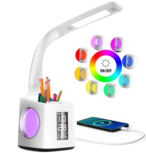 Schreibtischlampe Kinder 7 IN 1 Led Tischleuchte，VAZILLIO 10W Augenschutz Nachttischlampe Dimmbar Stifthalter Tischleuchte mit Lcd Display/kalender/Wecker/USB-Anschluss für kinder von VAZILLIO