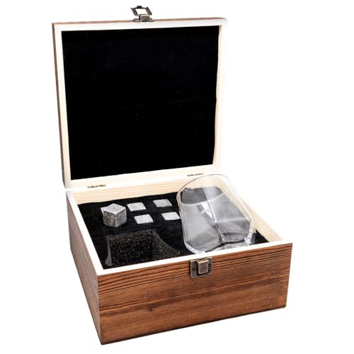 VB VIN BOUQUET Fia 1366 Whiskey-Set in Holzbox, 6 Kühlsteinwürfel + 2 Elegante sechseckige Gläser von VB VIN BOUQUET