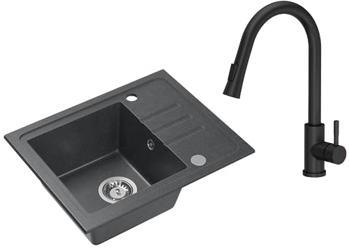 VBChome Granit Spülbecken Schwarz Mit Armatur 55 x 44 cm Einzelbecken Einbauspüle Gesprenkelt Reversibel Granitspüle Siphon Waschbecken VBChome Granit Spülbecken Schwarz Mit Armatur 55 x 44 cm Einzelbecken Einbauspüle Gesprenkelt Reversibel Granitspüle Siphon Waschbecken von VBChome