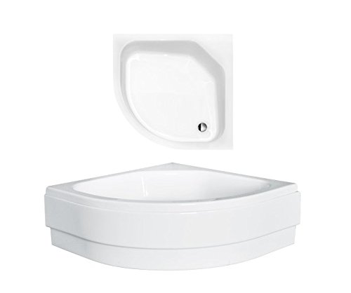 VBChome Acryl Duschwanne Viertelkreis 80x80 cm, tief 15cm, mit Schürze + Ablaufgarnitur, Eckduschwanne Duschtasse mit Ablauf, Antirutschbeschichtung, pflegeleicht, robust und langlebig von VBChome