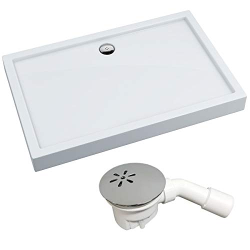 VBChome Duschwanne Duschtasse 80 x 100 x 14 cm Rechteckig für Duschkabine Styroporträger flach Sanitär-Acryl Duschbecken stabil glatt weiß Dusche+ Ablaufgarnitur von VBChome