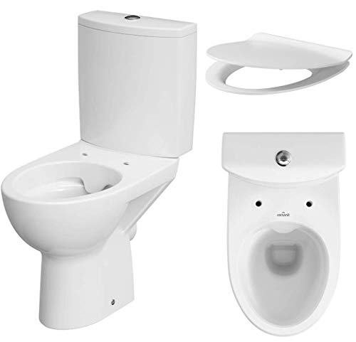 VBChome Keramik Stand- WC Toilette Komplett -Design- Set mit Spülkasten WC- Sitz Slim aus Duroplast mit Absenkautomatik SoftClose-Funktion für waagerechten Abgang Wasseranschluss Spülrandlos von VBChome
