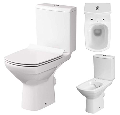 Keramik Stand- WC Toilette Komplett -Design- Set mit Spülkasten WC- Sitz Slim aus Duroplast mit Absenkautomatik SoftClose-Funktion für waagerechten Abgang Wasseranschluss Spülrandlos Carina von VBChome