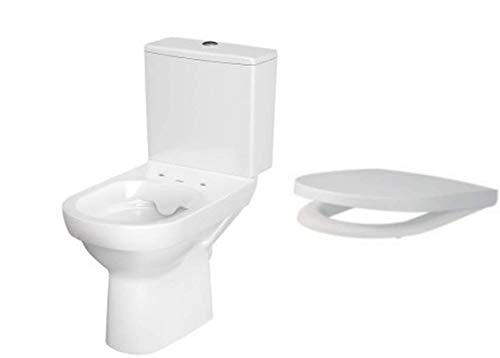 Keramik Stand- WC Toilette Komplett -Design- Set mit Spülkasten WC- Sitz aus Duroplast mit Absenkautomatik SoftClose-Funktion für waagerechten Abgang Wasseranschluss Spülrandlos City von VBChome