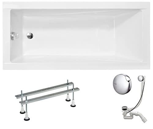VBChome Acryl Badewanne 150x70 cm Weiß Rechteck Wanne Siphon Wannenfüße Design Modern Ablaufgarnitur in Chrom von VBChome