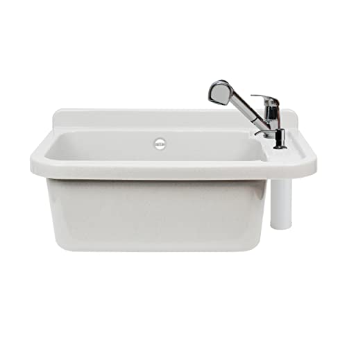 VBChome Ausgussbecken mit Armatur Seifenspender 60 x 35 x 21 cm Spülbecken mit Überlauf Waschbecken für Gewerbe Waschraum Garten inkl. Ablaufgranitur Waschtrog von VBChome
