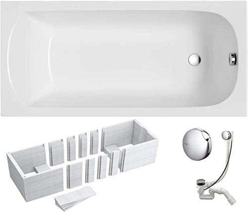 VBChome Badewanne 130x70 cm Acryl SET 3in1 Wannenträger Siphon Wanne Rechteck Weiß Design Classic Styroporträger Ablaufgarnitur in Chrom Viega Simplex für 1 Personen (130x70) von VBChome