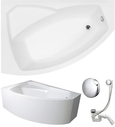 VBChome Badewanne 130x85 cm Acryl SET Schürze Siphon Wanne Ecke Eckbadewanne Weiß Design Modern Ablaufgarnitur Viega Simplex Wanne links Schürze Ablaufgarnitur von VBChome