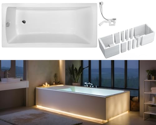 VBChome Badewanne 140 x 70 cm Weiß Acryl Wannenträger Platz für LED-Beleuchtung Styroporträger Siphon Wanne Rechteck Design Modern Ablaufgarnitur in Chrom von VBChome