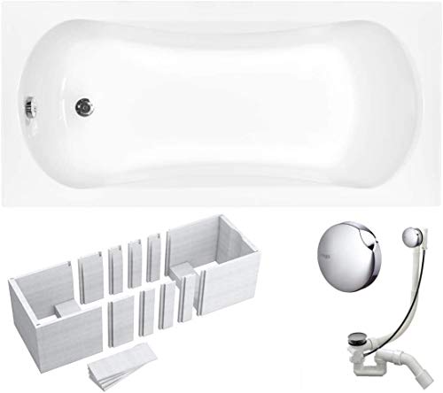 VBChome Badewanne 140x70 cm Acryl SET Wannenträger Siphon Wanne Rechteck Weiß Design Modern Styroporträger Ablaufgarnitur in Chrom Viega Simplex (140x70 cm) von VBChome