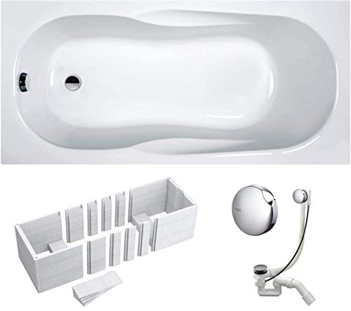 VBChome Badewanne 150x70x41 cm Acryl SET Rechteckwanne, Styroporträger, Siphon, Ablaufgarnitur Chrom, Modernes Design, Weiß, Antibakterielle Oberfläche Robustes Material Wärmedämmung Einfache Montage von VBChome
