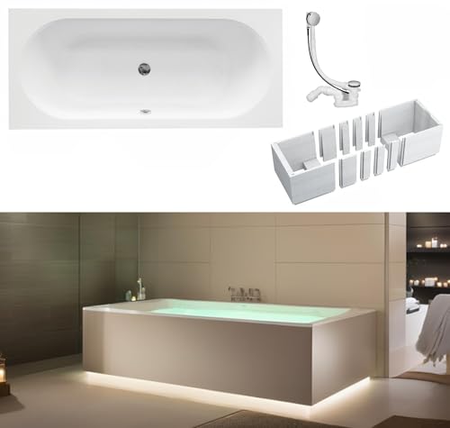 VBChome Badewanne 150 x 75 cm Weiß Acryl Wannenträger Platz für LED-Beleuchtung Styroporträger Siphon Wanne Rechteck Design Modern Ablaufgarnitur in Chrom von VBChome
