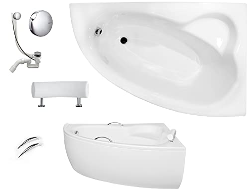 VBChome Badewanne 150x100 cm Acryl SET Schürze Siphon Wanne Ecke Eckbadewanne Weiß Design Modern Ablaufgarnitur Viega Simplex Wanne rechts Schürze Ablaufgarnitur Füße Griffe Kopfstütze von VBChome