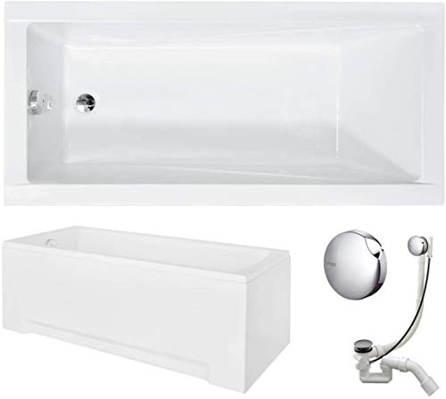VBChome Badewanne 150x70 cm Acryl SET Schürze Siphon Acrylwanne Wanne Rechteck Weiß Design Modern Wannenfüßen Ablaufgarnitur Chrome von VBChome