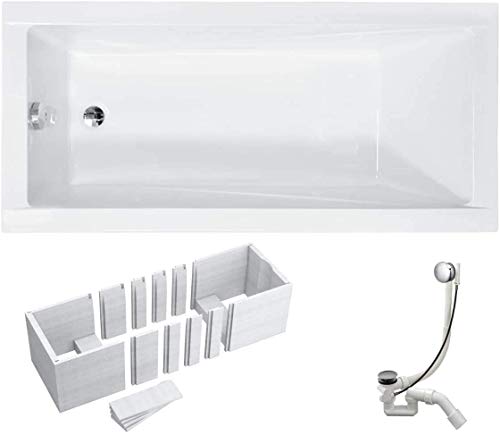 VBChome Badewanne 150x70 cm Acryl SET Wannenträger Siphon Wanne Rechteck Weiß Design Modern Styroporträger Ablaufgarnitur in Chrom Viega Simplex (150x70 cm) von VBChome