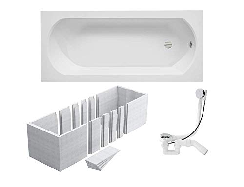 VBChome Badewanne 150x75 cm Acryl SET 3in1 Wannenträger Siphon Wanne Rechteck Weiß Design Modern Styroporträger Ablaufgarnitur in Chrom Viega Simplex von VBChome