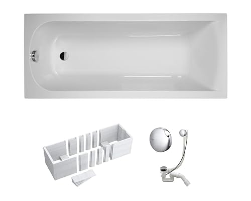 VBChome Badewanne 160 x 70 cm Weiß Acryl SET Wannenträger Siphon Wanne Rechteck Design Modern Styroporträger Ablaufgarnitur in Chrom Viega Simplex 160x70 cm von VBChome