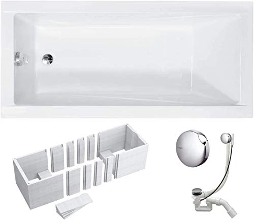 VBChome Badewanne 160x70 cm Rechteck Acryl Weiß – Komplettset mit Styropor-Wannenträger & Ablaufgarnitur Chrom – Hygienisch & wärmeisoliert – Antibakteriell & schallgedämmt – Moderne Design-Wanne von VBChome