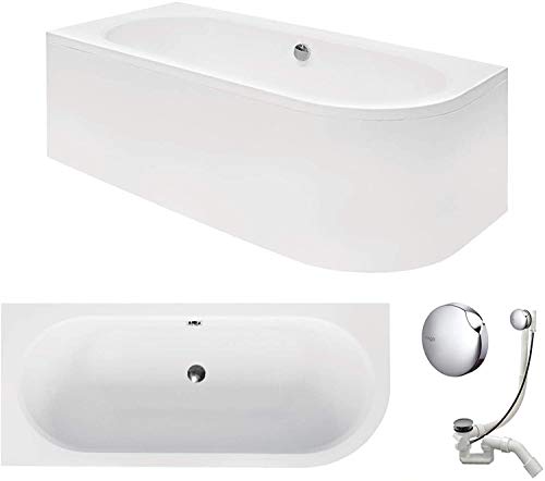 VBChome Badewanne 160x75 cm Acryl SET Schürze Siphon Wanne Ecke Eckbadewanne Weiß Design Modern Ablaufgarnitur in Chrom Viega Simplex für 2 Personen links von VBChome