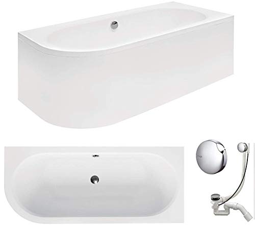 VBChome Badewanne 160x75 cm Acryl SET Schürze Siphon Wanne Ecke Eckbadewanne Weiß Design Modern Ablaufgarnitur in Chrom Viega Simplex für 2 Personen rechts von VBChome