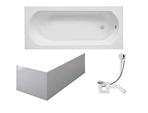 VBChome Badewanne 160x75 cm Acryl Schürze Siphon Wanne Rechteck Weiß Design Modern Ablaufgarnitur in Chrom Viega Simplex von VBChome