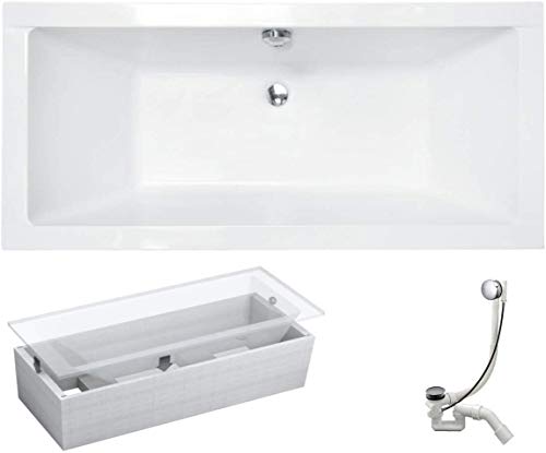 VBChome Badewanne 165x75 cm Acryl SET Wannenträger Siphon Wanne Rechteck Weiß Design Modern Styroporträger Ablaufgarnitur in Chrom Viega Simplex für 2 Personen (165x75cm) von VBChome