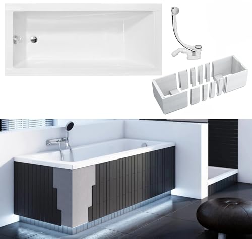 VBChome Badewanne 170 x 70 cm Weiß Acryl Wannenträger Platz für LED-Beleuchtung Styroporträger Siphon Wanne Rechteck Design Modern Ablaufgarnitur in Chrom von VBChome