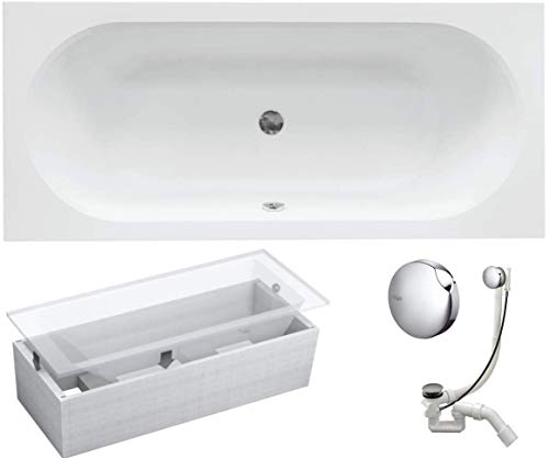 VBChome Badewanne 170x75 cm Acryl SET 3in1 Wannenträger Siphon Wanne Rechteck Weiß Design Modern Styroporträger Ablaufgarnitur in Chrom Viega Simplex für 2 Personen (170x75 cm) von VBChome