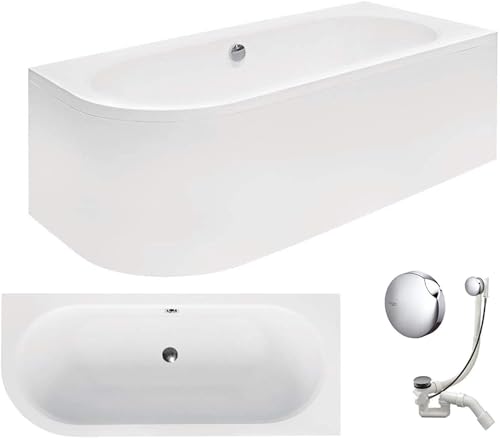 VBChome Badewanne 170x75 cm Acryl SET Schürze Siphon Wanne Eckbadewanne Antirutsch Weiß Design Modern Ablaufgarnitur Viega Simplex für 2 Personen (170x75 rechts) von VBChome