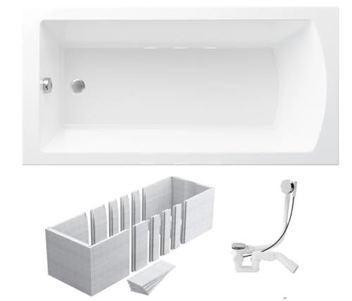 VBChome Badewanne 170x75 cm Weiß Acryl Schürze Wannenträger Styroporträger Siphon Rechteckig Wanne Abfluss Design Modern Ablaufgarnitur in Chrom Badewanne mit Wannenträger von VBChome