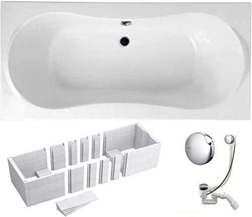 VBChome Badewanne 170x80 cm Acryl SET 3in1 Wannenträger Siphon Wanne Rechteck Weiß Classic Styroporträger Ablaufgarnitur in Chrom Viega Simplex für 2 Personen (170x80) von VBChome